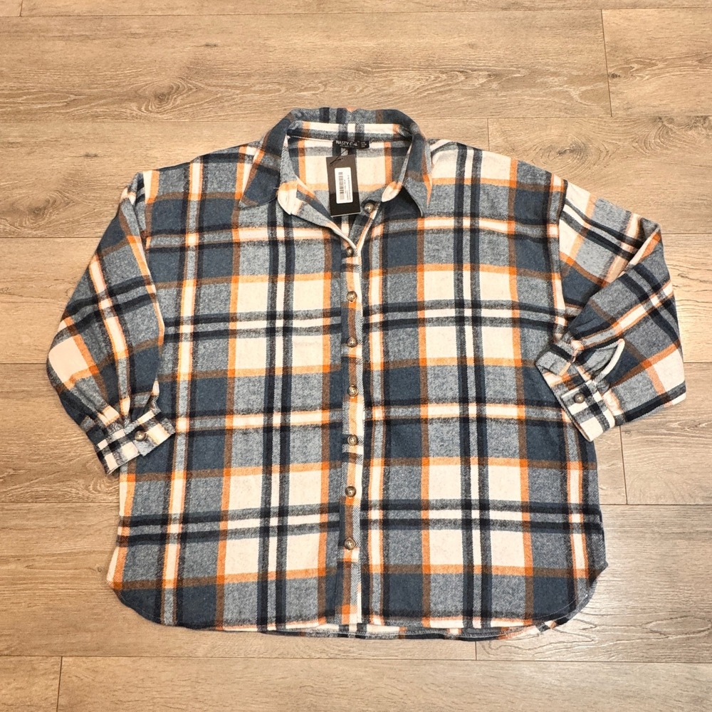 NWT Nasty Gal Collection Oversized Plaid Flannel Shirt Jacket‎ Shaket 8 Medium M